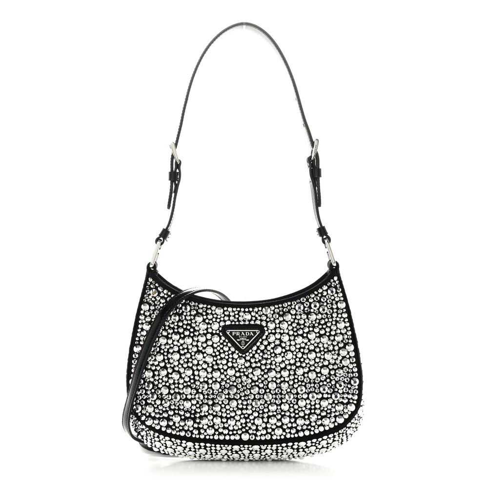 Prada Medium Cleo Adjustable Strap Shoulder Bag Metal Satin & Crystal Silver Hardware