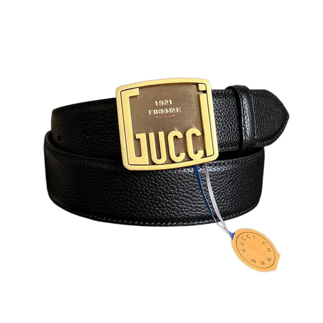 Gucci Men's Plaque Buckle Belt In Black/Brown Grained Calfskin With Gold/Silver Hardware 35mm