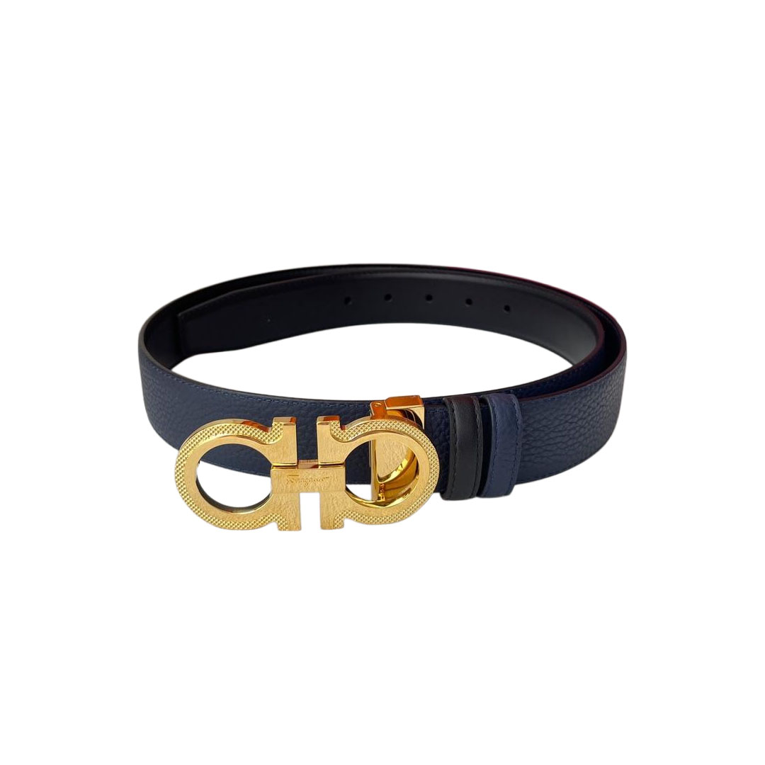 Ferragamo Men's Double Gancini Buckle Reversible Belt In Blue/Black/Burgundy Grained Calfskin With Gold/Silver/Black Hardware 35mm