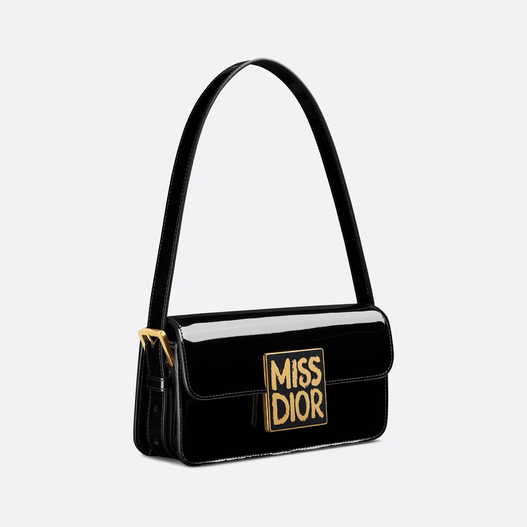 Dior Miss Dior Flap Bag In Black Patent Calfskin With Gold Hardware