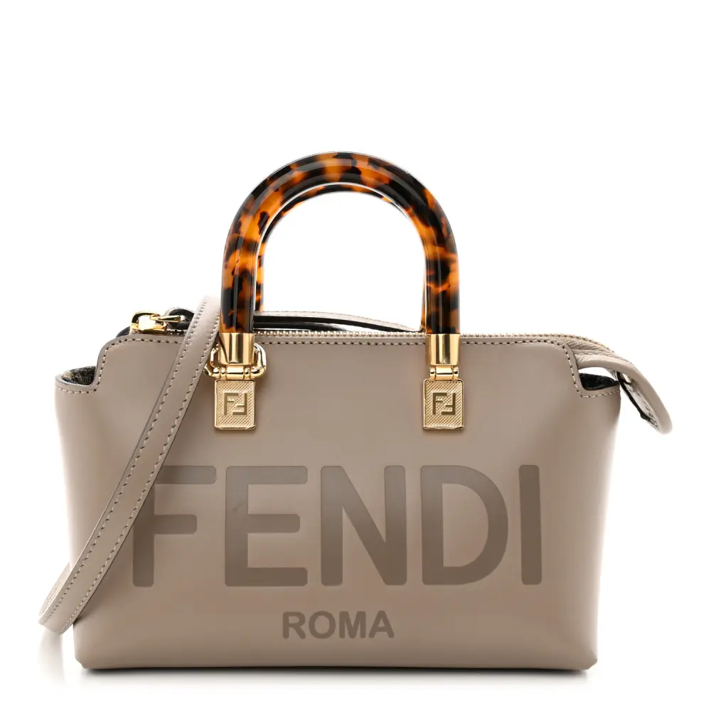Fendi Mini Logo Embossed By The Way Top Handle Boston Bag Tortora King Vitello Leather & Plexiglass Gold Hardware