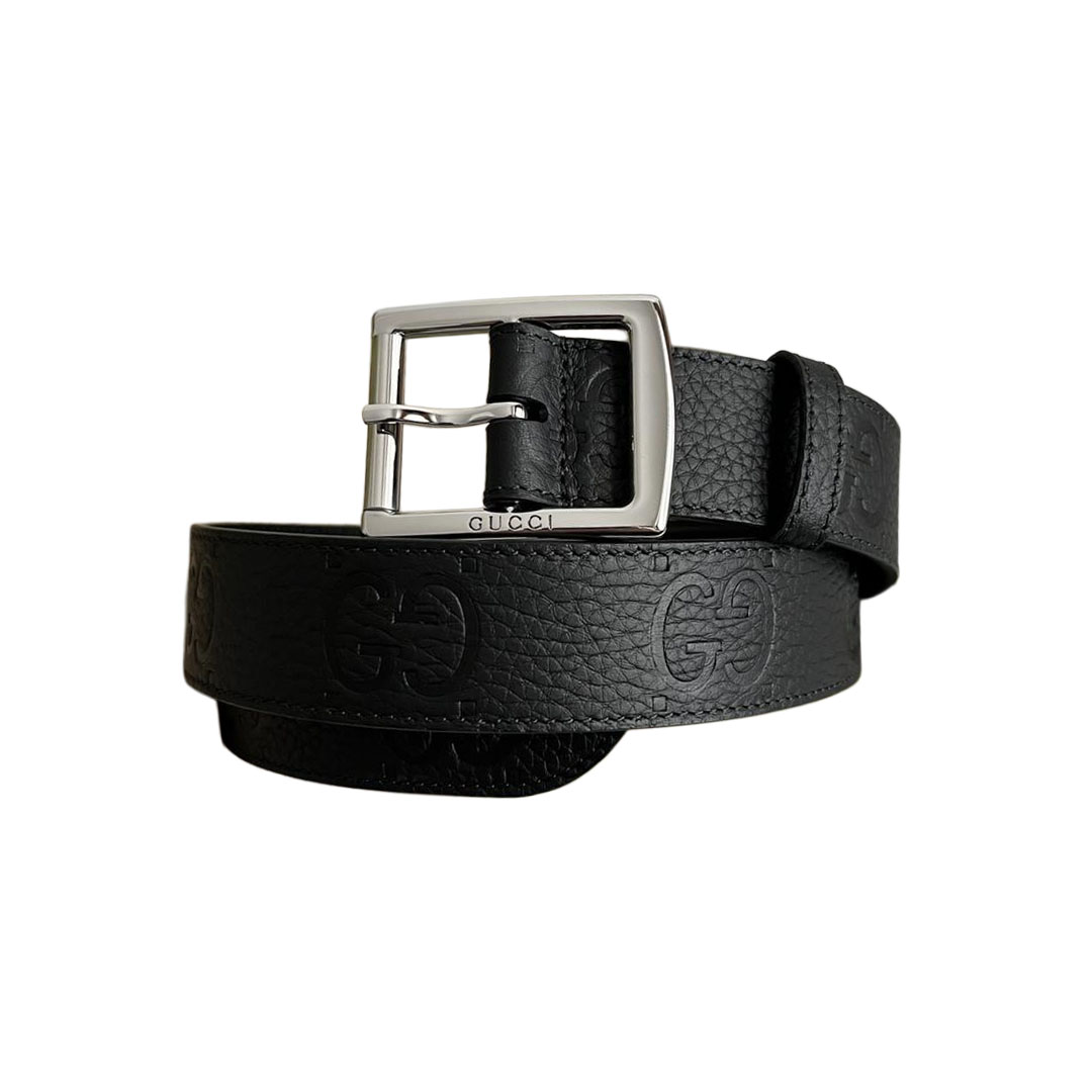 Gucci Men' s Square Buckle Belt In Black GG Grained Calfskin With Gold/Silver Hardware 35mm