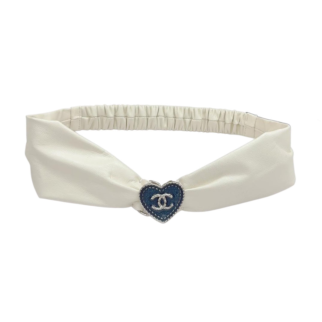 Chanel Women's Heart Buckle Elastic Belt In Black/White Lambskin With Silver Blue Hardware 50mm