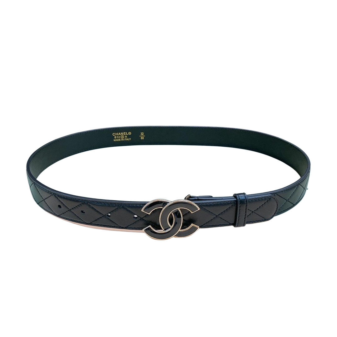 Chanel Women's CC Belt In Black/White Diamond Stitching Calfskin With Gold Hardware 30mm