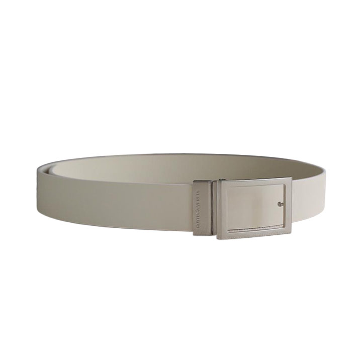 Bottega Veneta Men's Rectangled Buckle Belt In White/Black Calfskin With Silver Hardware 35mm