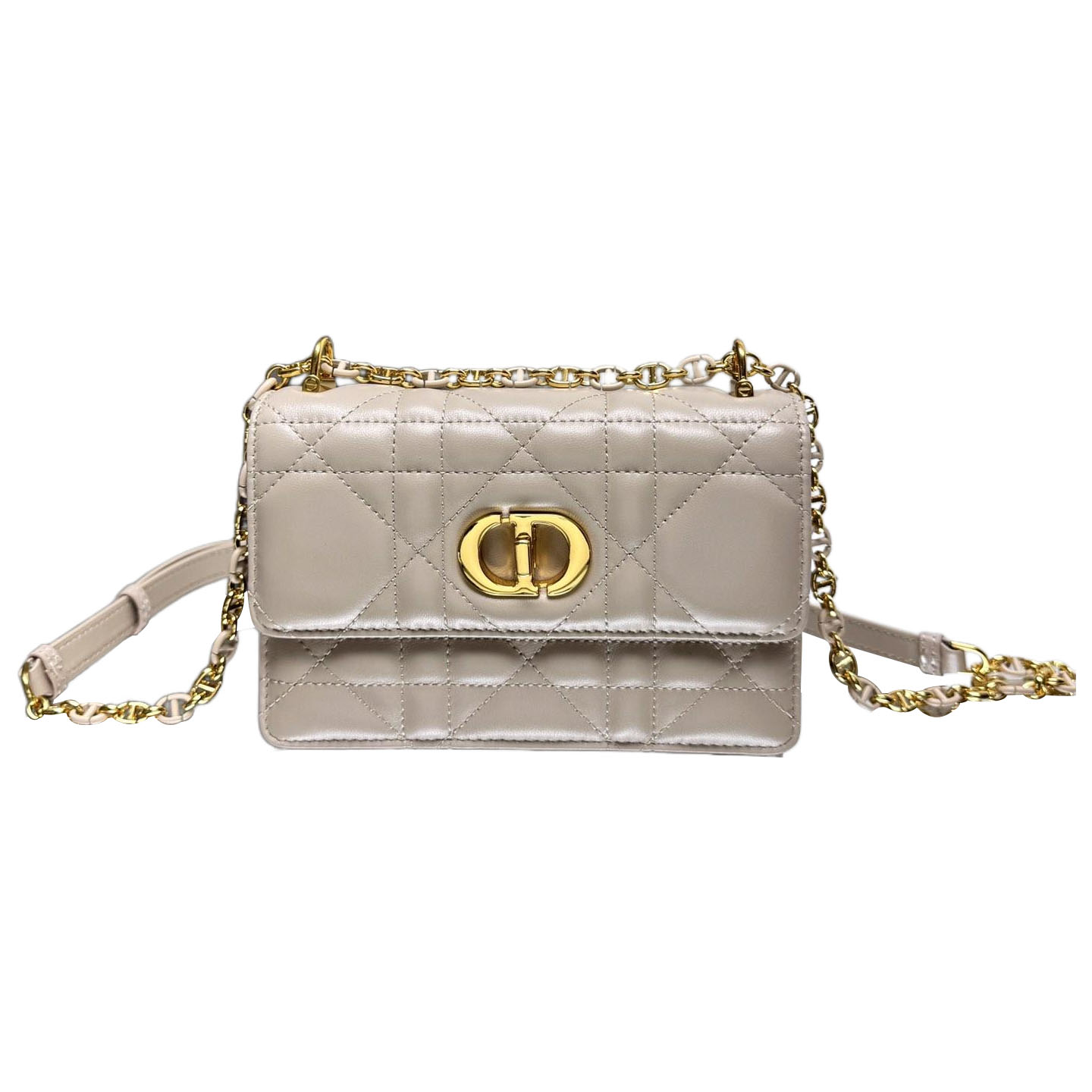 Dior Miss Caro Mini Bag With Chain In Beige/Black/White/Powder Pink Macrocannage Lambskin Gold Hardware