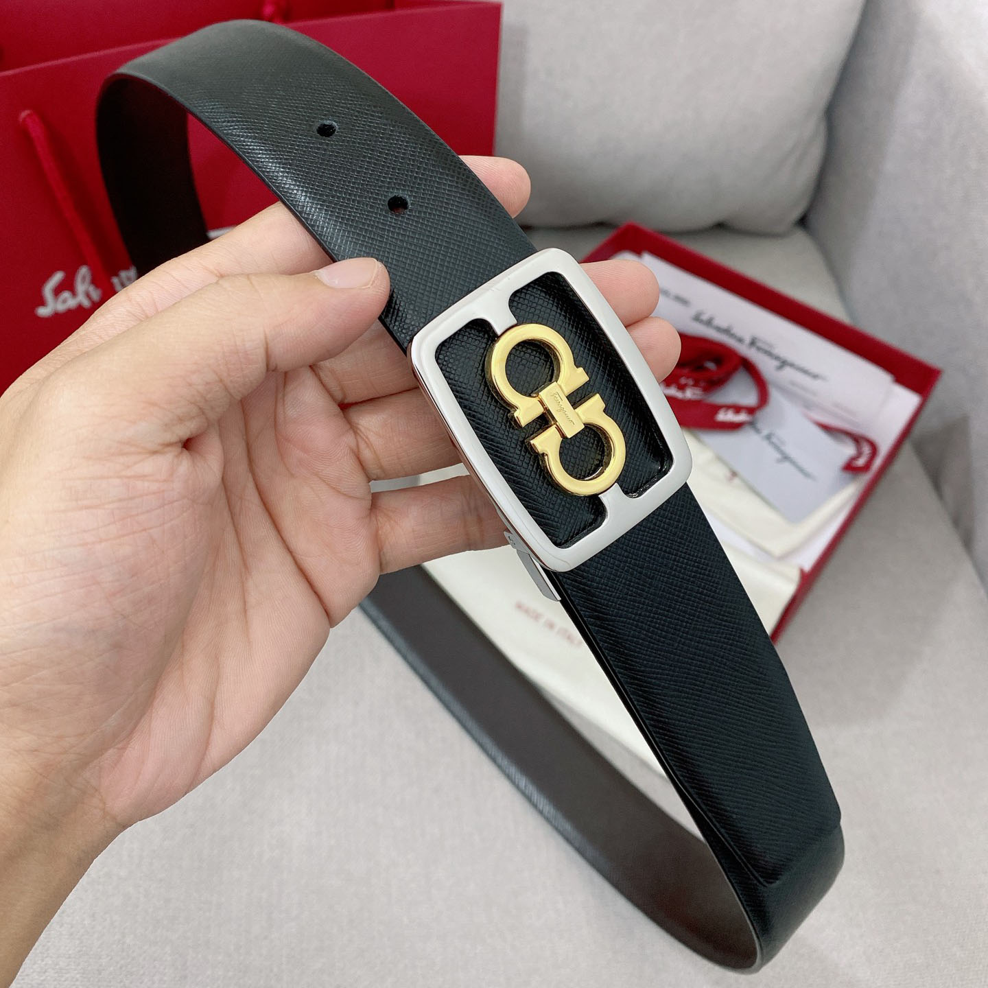 Ferragamo Men's Square Buckle Belt In Black/Coffee Grained Calfskin With Gold/Silver Hardware 35mm