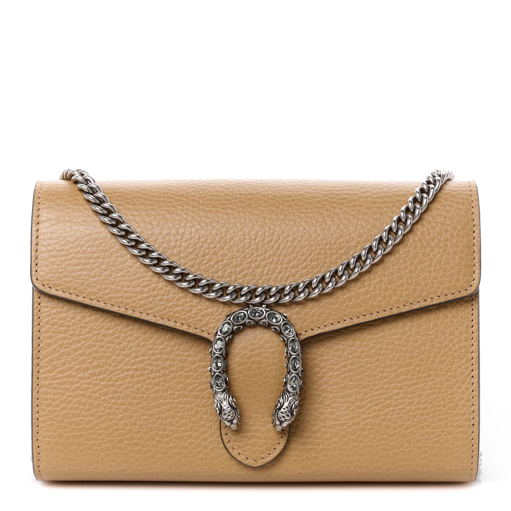 Gucci Mini Crystal Dionysus Chain Wallet Natural Tan / Black Diamond & Dollar Calfskin Leather Silver Hardware