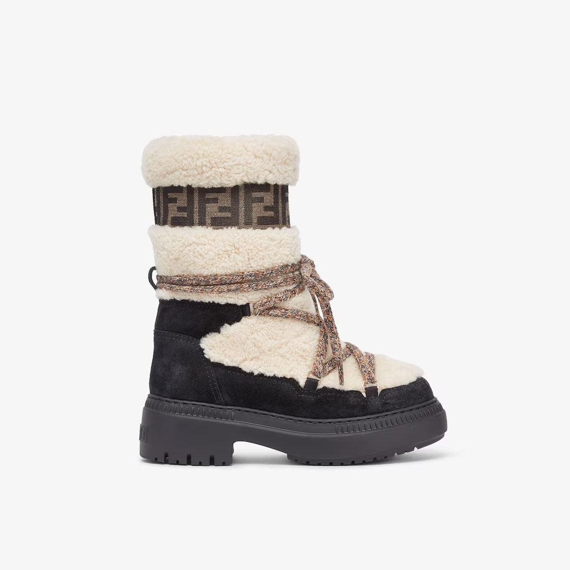 FENDI White sheepskin and black suede boots