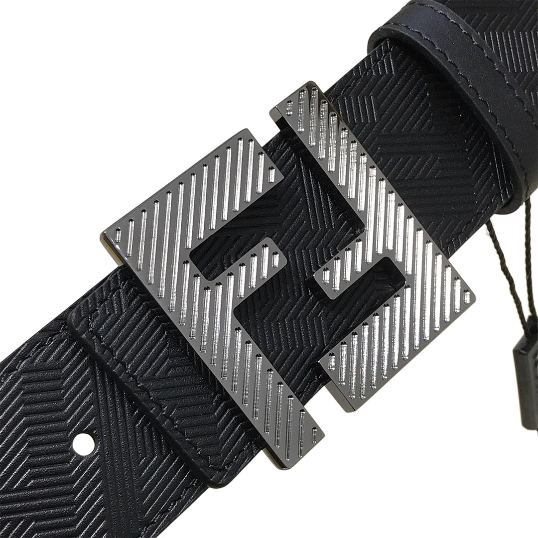 Fendi Men's FF Buckle Belt In Black F Embossed Calfskin With Gun Black Hardware 38mm