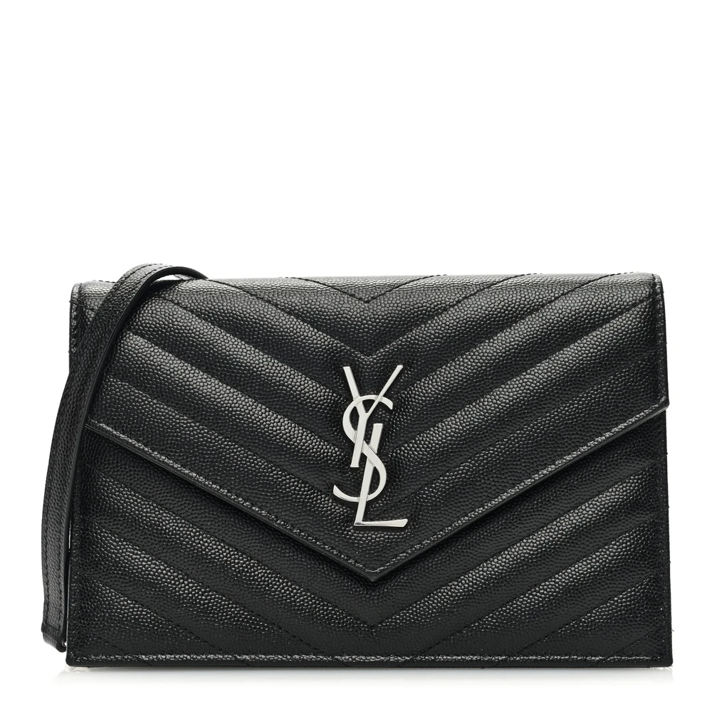 Saint Laurent Small Envelope Chain Wallet Black Chevron Monogram Grain De Poudre Matelasse Leather Silver Hardware