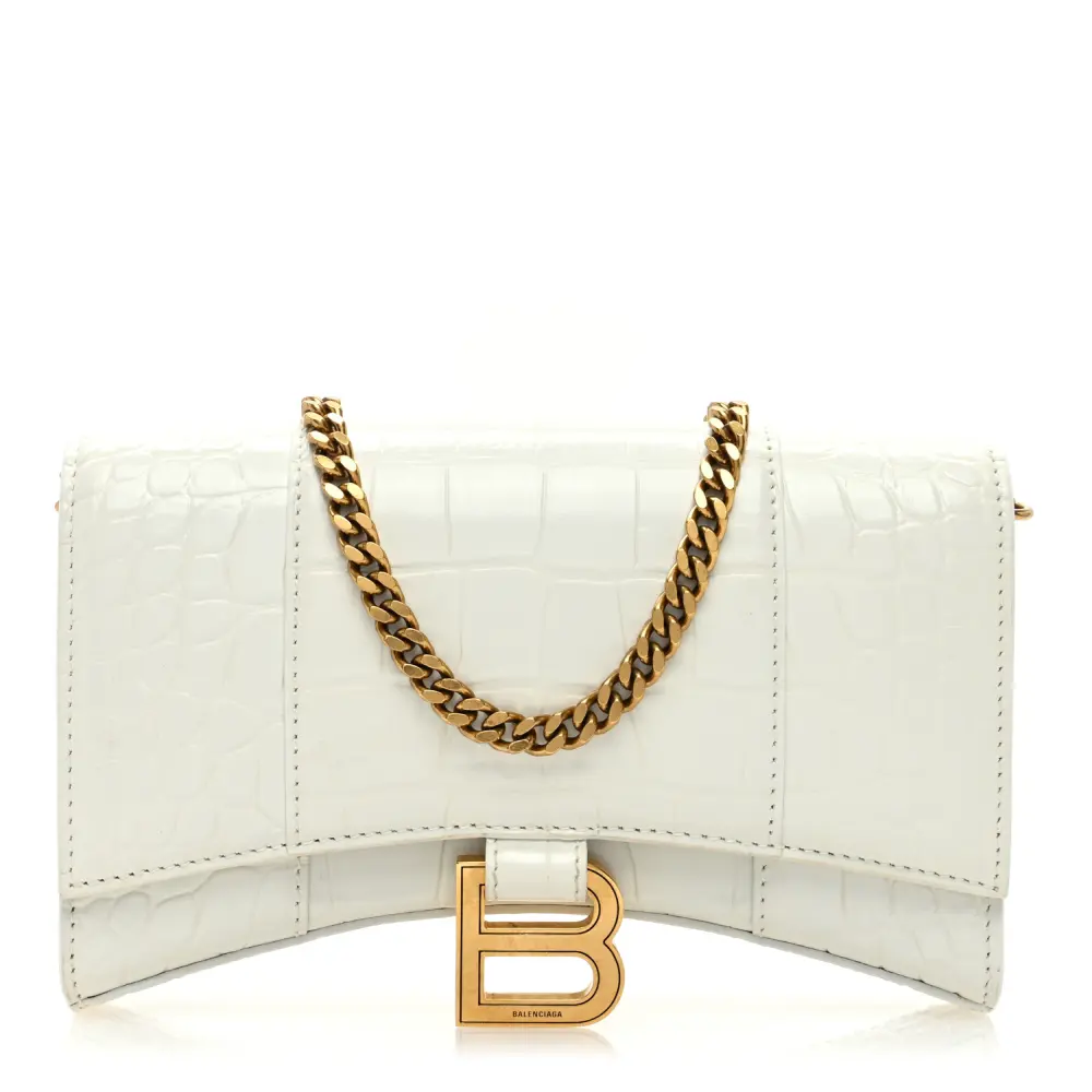 Balenciaga XS Hourglass Chain Bag White Crocodile Embossed Shiny Calfskin Leather Gold Hardware