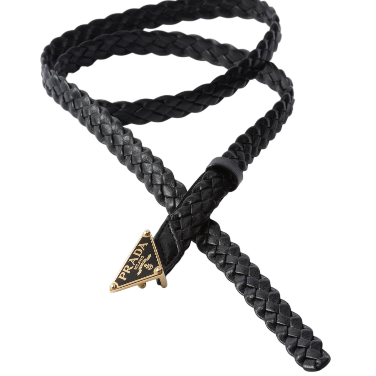 Prada Women' s Triangled Buckle Intrecciato Belt In Brown/Black Lambskin With Gold Hardware 25mm