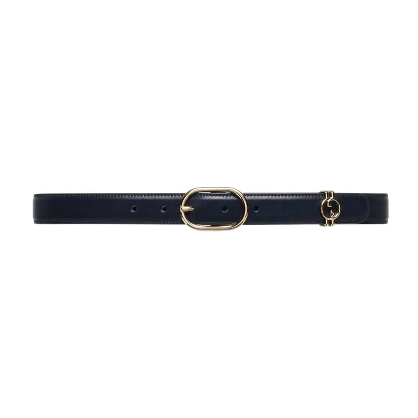 Gucci Women's Oval Belt In Black/White Calfskin With Gold Hardware 25mm