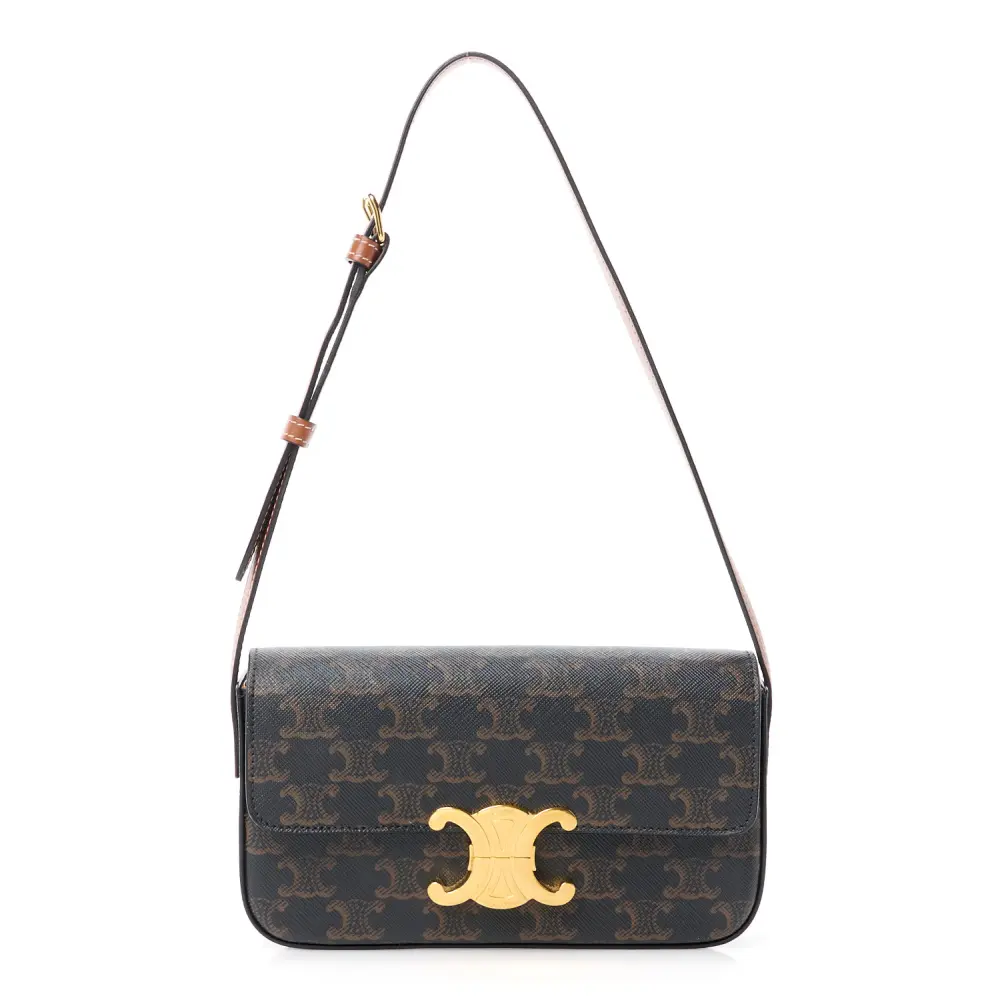 Celine Medium Triomphe Shoulder Bag Tan Canvas & Calfskin Leather Gold Hardware