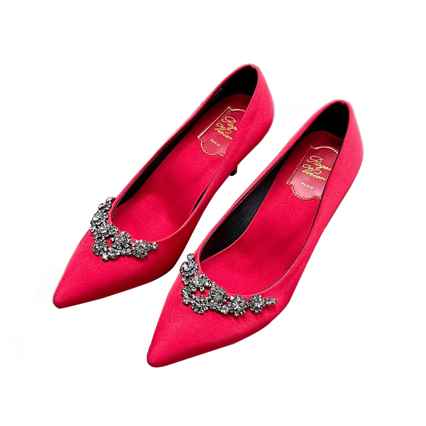 Roger Vivier Efflorescence Pumps High Heels In Red/Silver Satin With Crystal Flowers Buckle (Heel Height 6.5cm)
