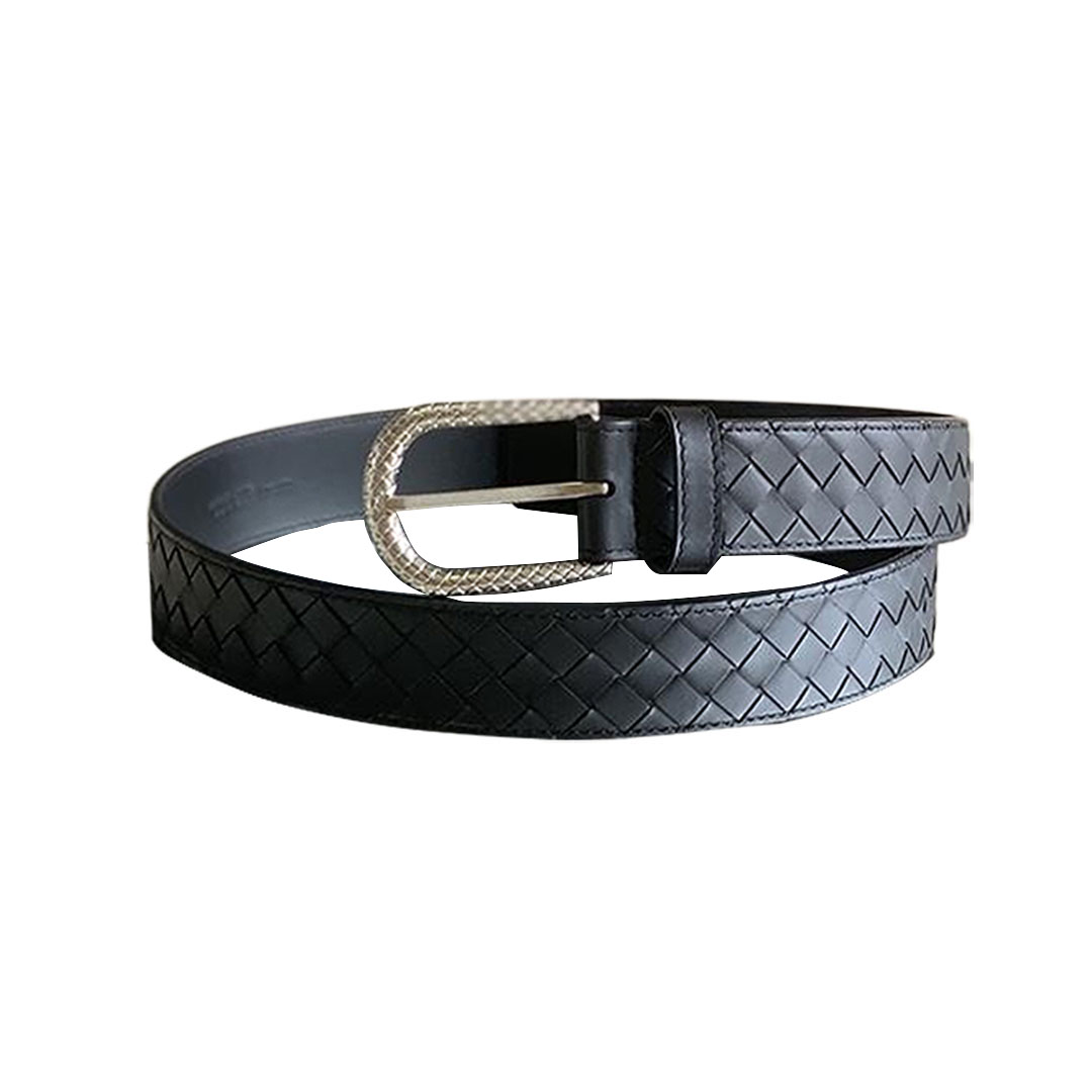 Bottega Veneta Men's Semicircle Buckle Intrecciato Belt In Black Calfskin With Matte Gun Black/Silver/Gold Hardware 35mm