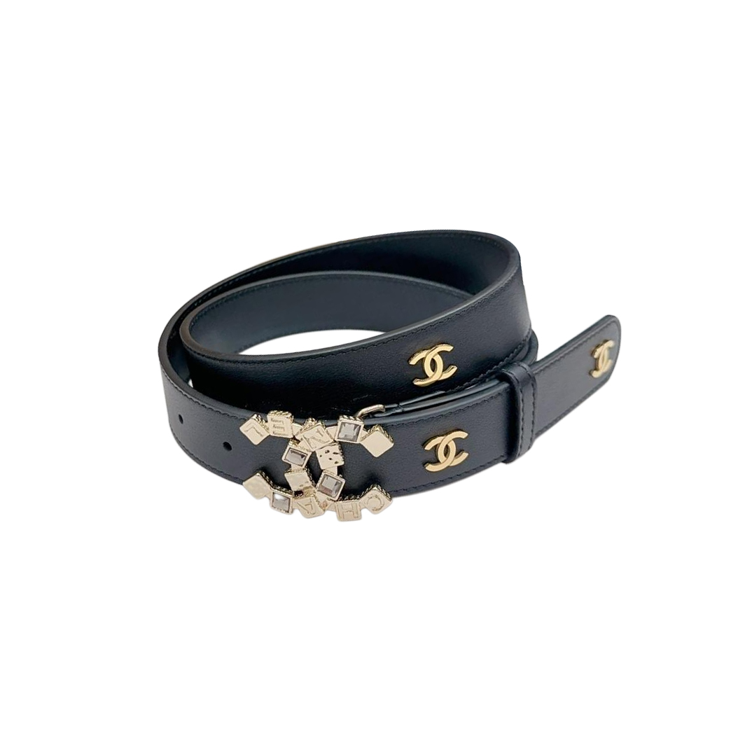 Chanel Women's Decorative CC Buckle Belt In White/Black Calfskin With Gold Hardware 30mm