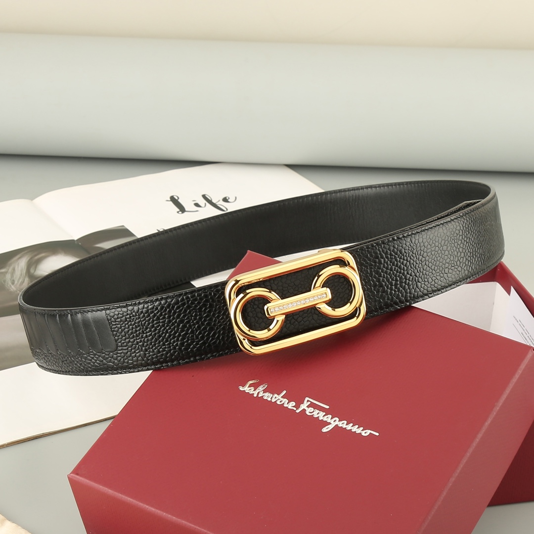 Ferragamo Men's Horsebit Buckle With Crystal Belt In Black Calfskin With Gold/Silver Hardware 38mm