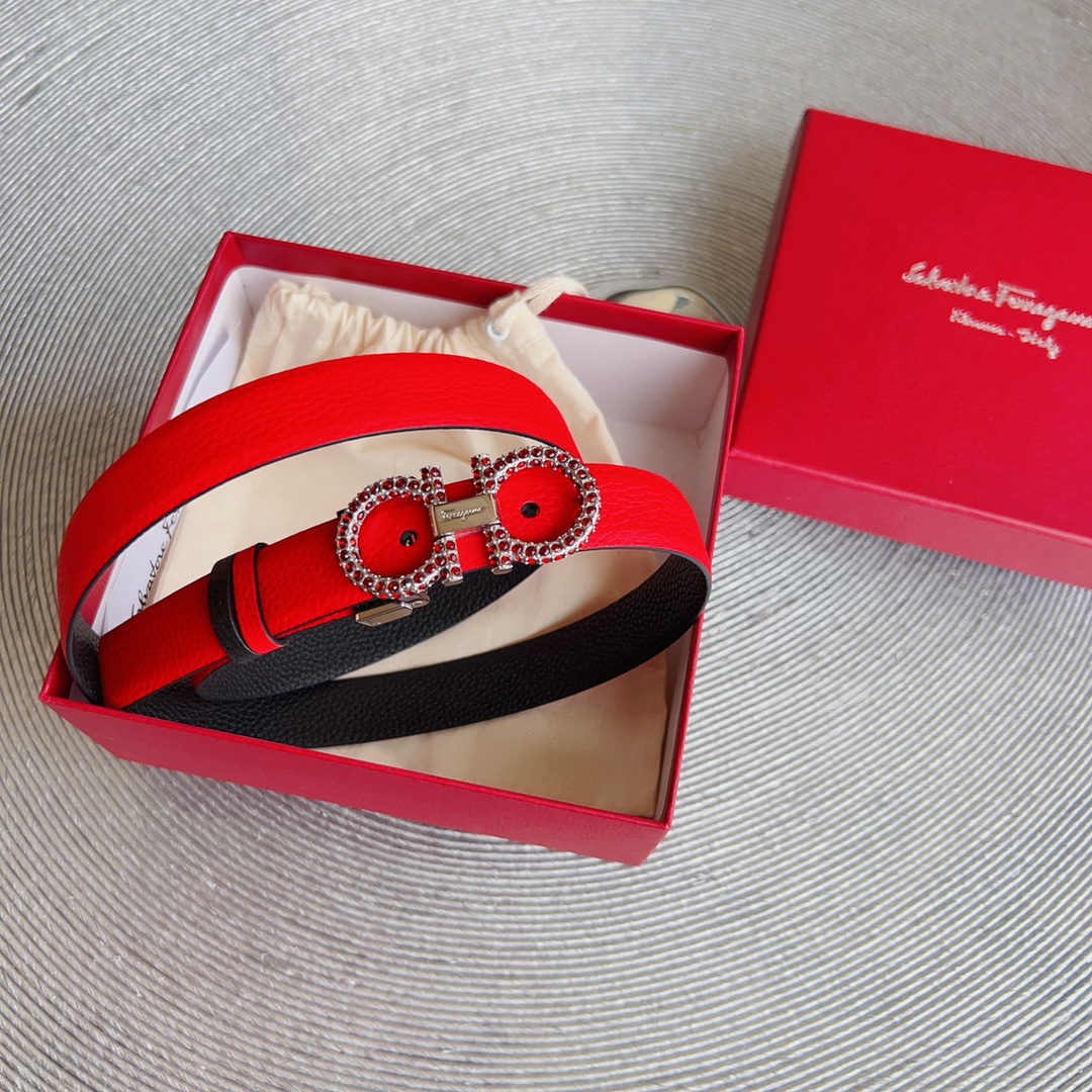 Ferragamo Women's Double Gancini Buckle With Crystals Adjustable Belt In Red/Brown/Green/Pink/Black/White/Burgundy/Khaki/Celery Grained Calfskin With Gold/Silver Hardware 25mm