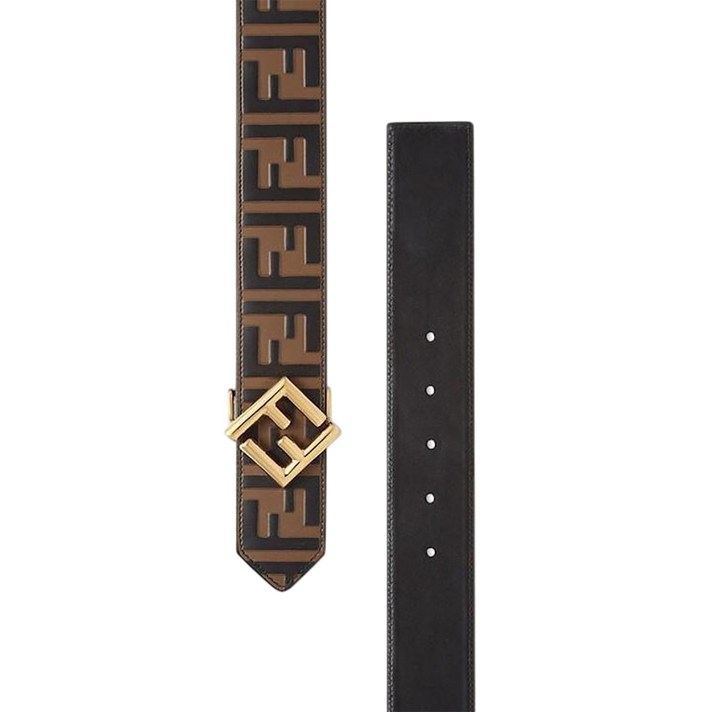 Fendi Men's FF Diamonds Belt In Brown/Black Calfskin With Gold/Silver/Black Hardware 38mm