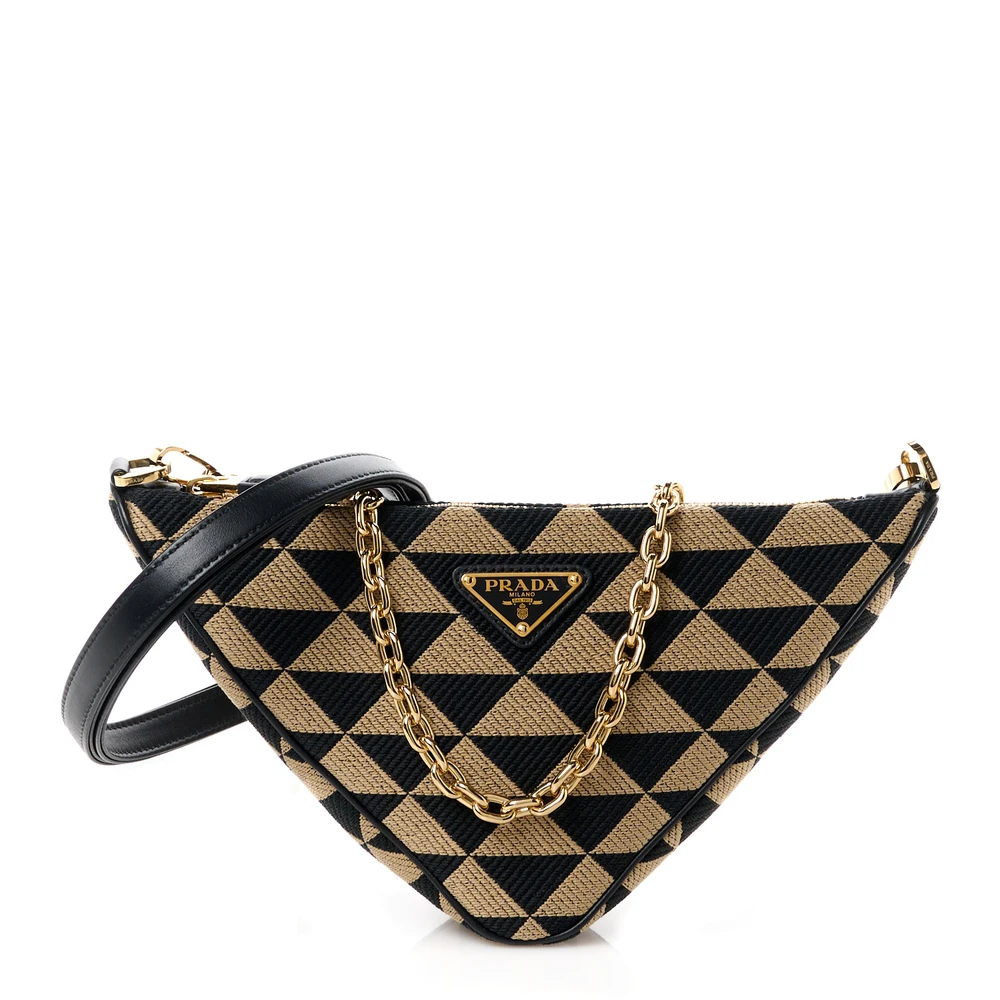 Prada Mini Triangolo Symbole Embroidered Triangle Double Bag Black/Corda Jacquard Calfskin Leather Gold Hardware