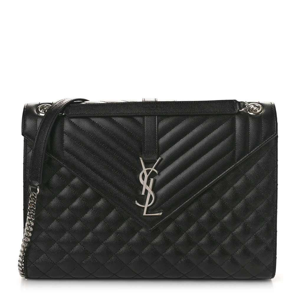 Saint Laurent Large Satchel Black Triquilt Monogram Grain De Poudre Textured Mixed Matelasse Leather Silver Hardware