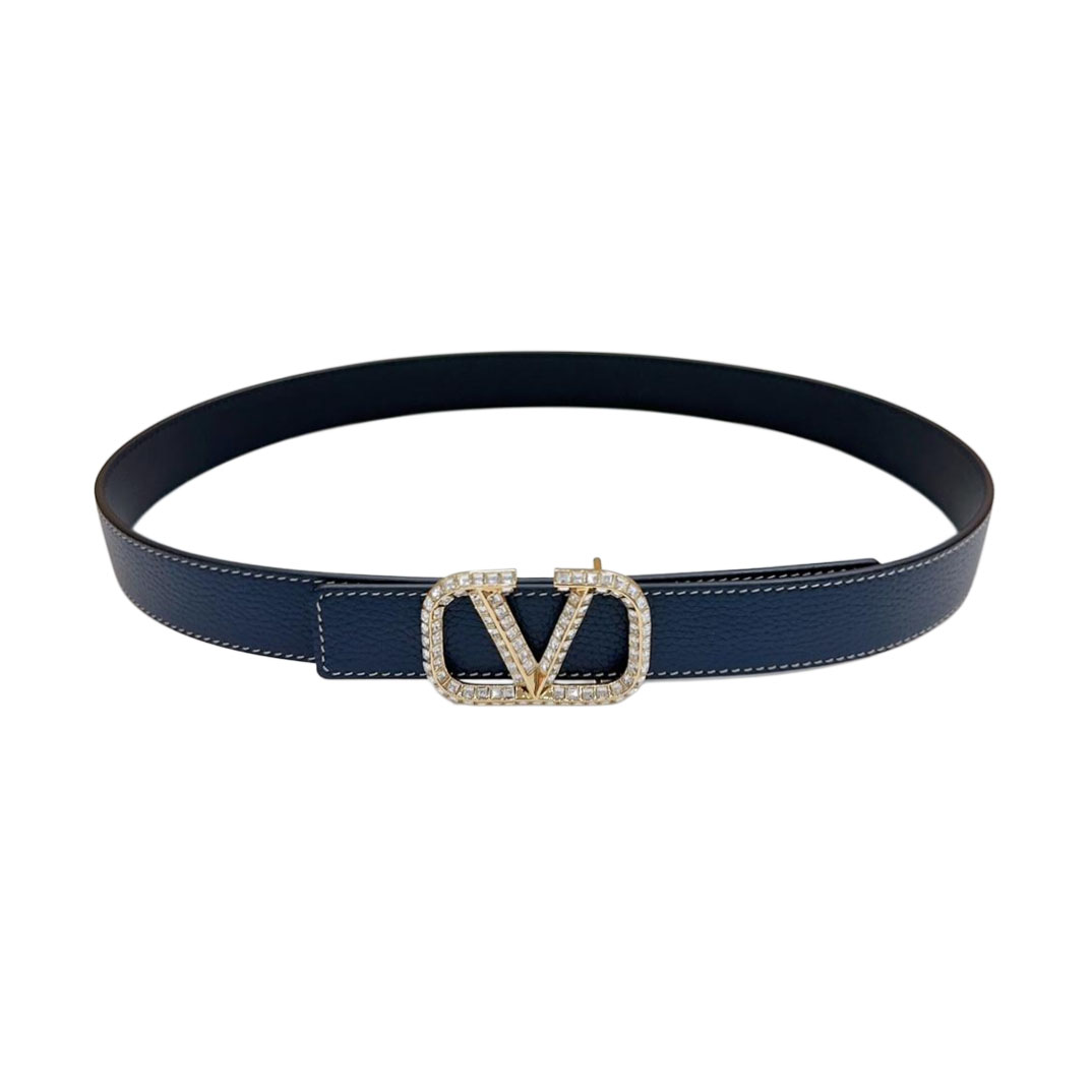 Valentino V Buckle With Crystal Belt In Black/Blue/Pink/Brown/White Calfskin With Gold Hardware 30mm