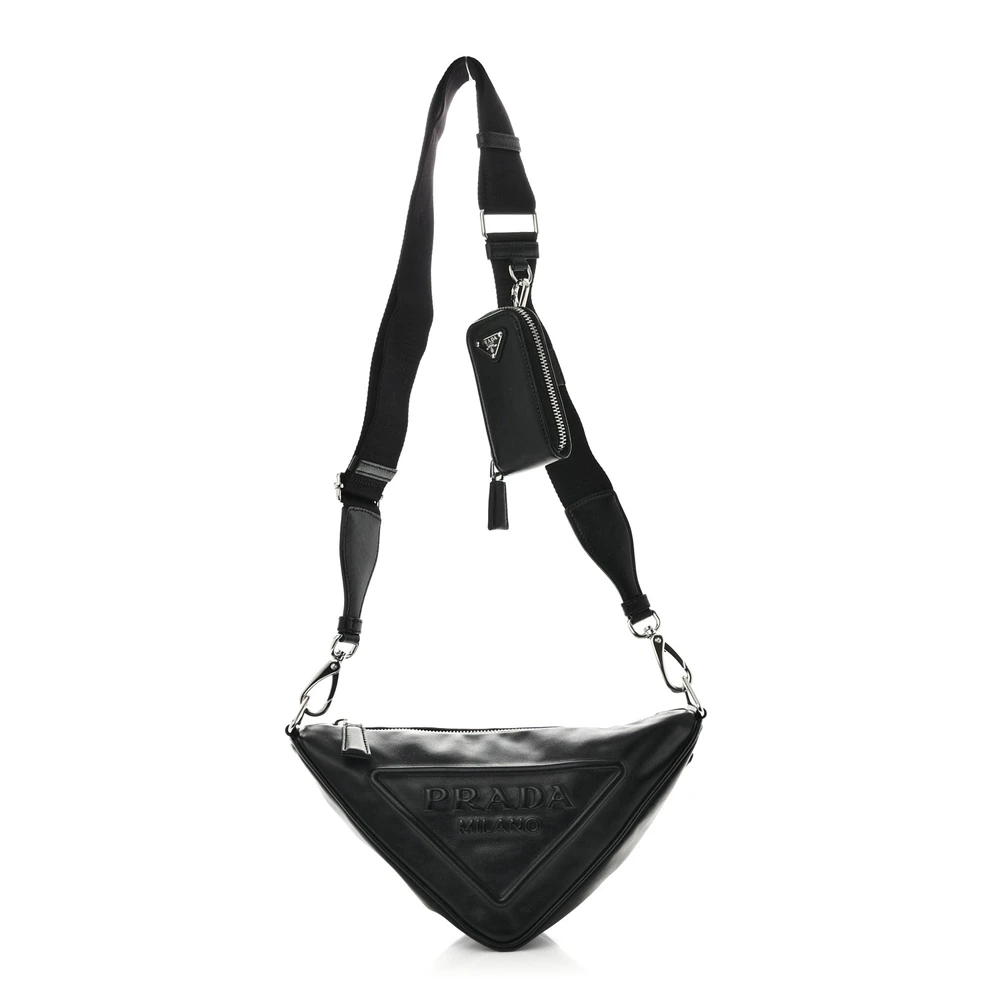 Prada Medium Triangle Shoulder Bag Black Calfskin Leather Silver Hardware