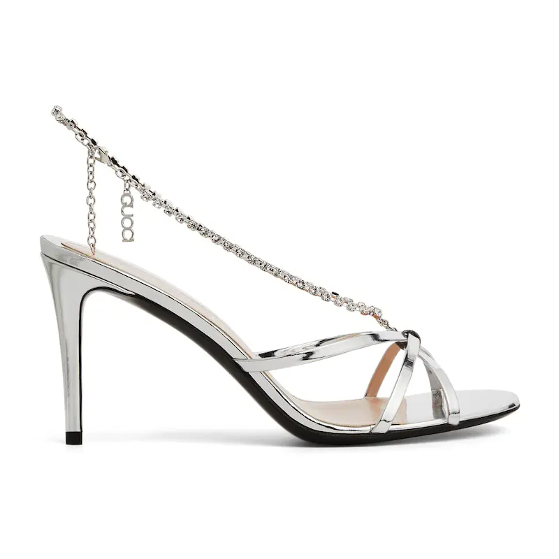 Gucci silvery crystal chain round head high heels sandal
