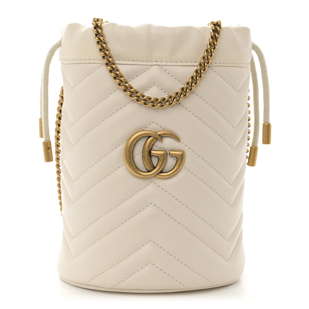 Gucci Mini GG Marmont 2.0 Bucket Bag White Calfskin Matelassé Leather Aged Gold Hardware