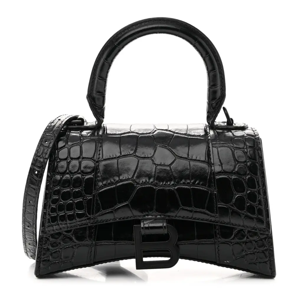 Balenciaga XS Hourglass Top Handle Bag Black Monochrome Crocodile Embossed Shiny Calfskin Leather Black Hardware