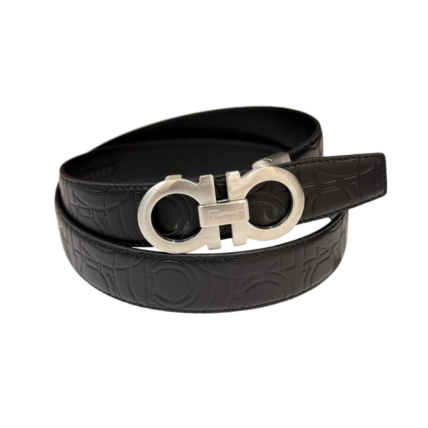 Ferragamo Men's Double Gancini Buckle Reversible Belt In Black/Coffee Grained Calfskin With Gold/Silver Hardware 35mm