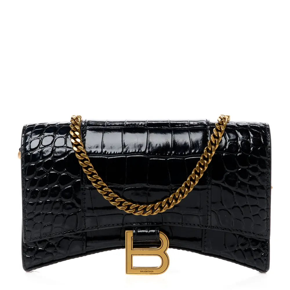 Balenciaga XS Hourglass Chain Bag Black Crocodile Embossed Shiny Calfskin Leather Gold Hardware