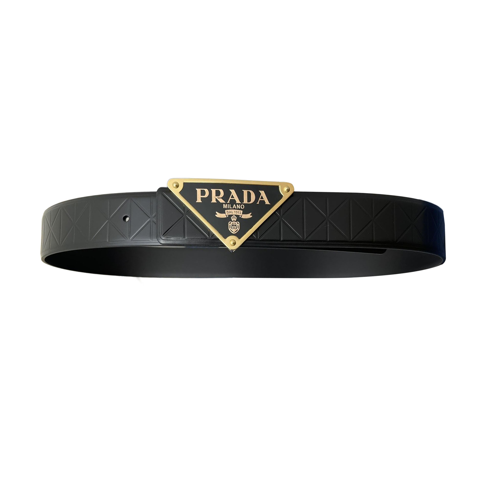 Prada Men' s Triangled Buckle Belt In Black Calfskin With Gold/Silver/Black Hardware 35mm