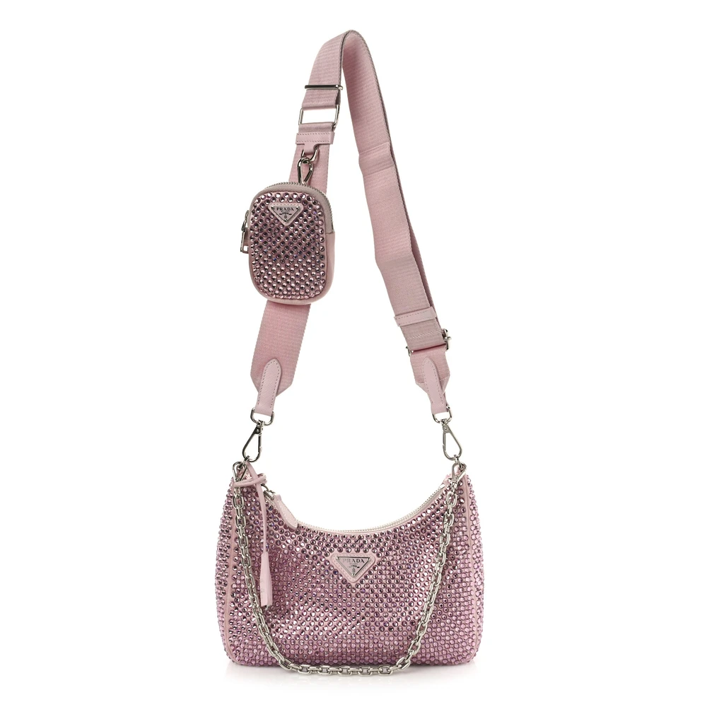 Prada Re-Edition 2005 Shoulder Bag Alabastro Satin & Crystal Silver Hardware