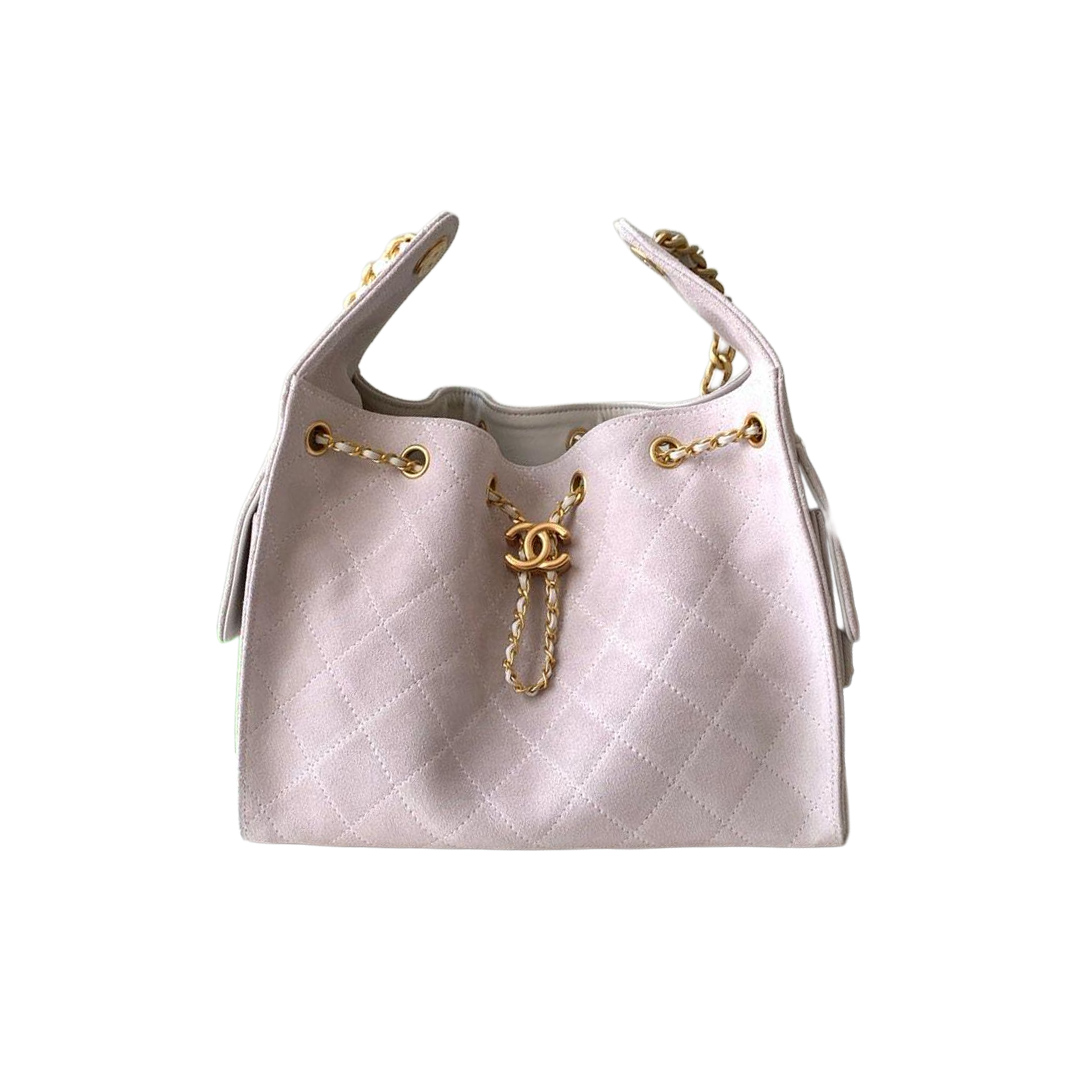 Chanel Pink / Green Quilted Shiny Calfskin Leather / Abrasive Sand Leather Shoulder Bags