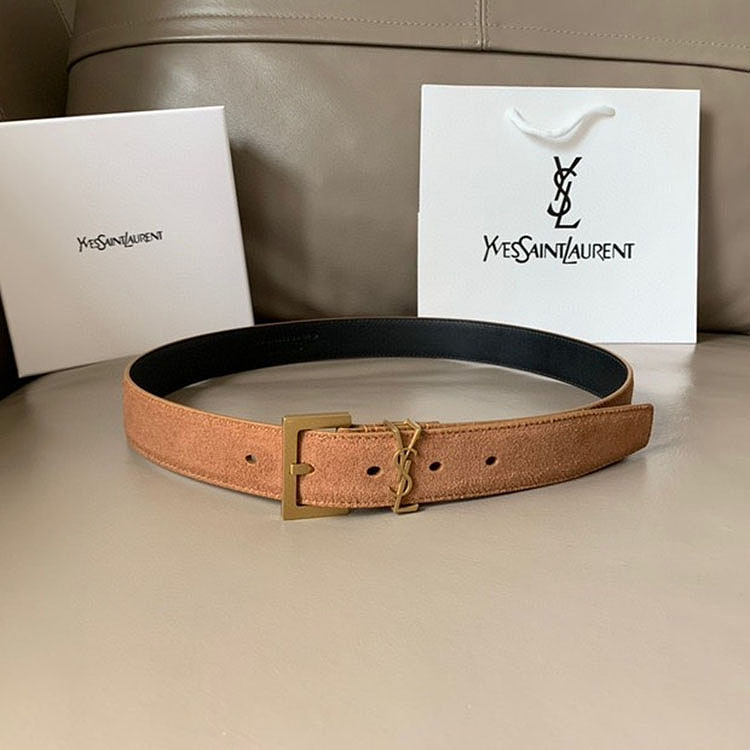 Saint Laurent Cassandre Belt In Brown Suede Leather With Gold Hardware 30mm