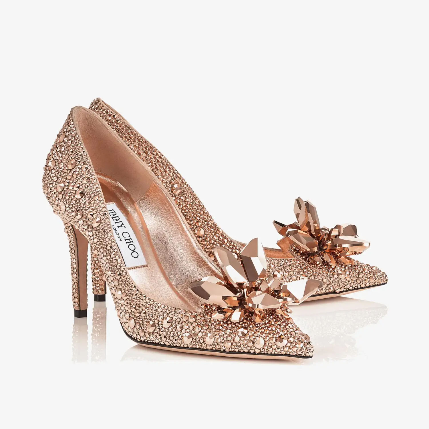 JIMMY CHOO Rose gold crystal studded pointy heels