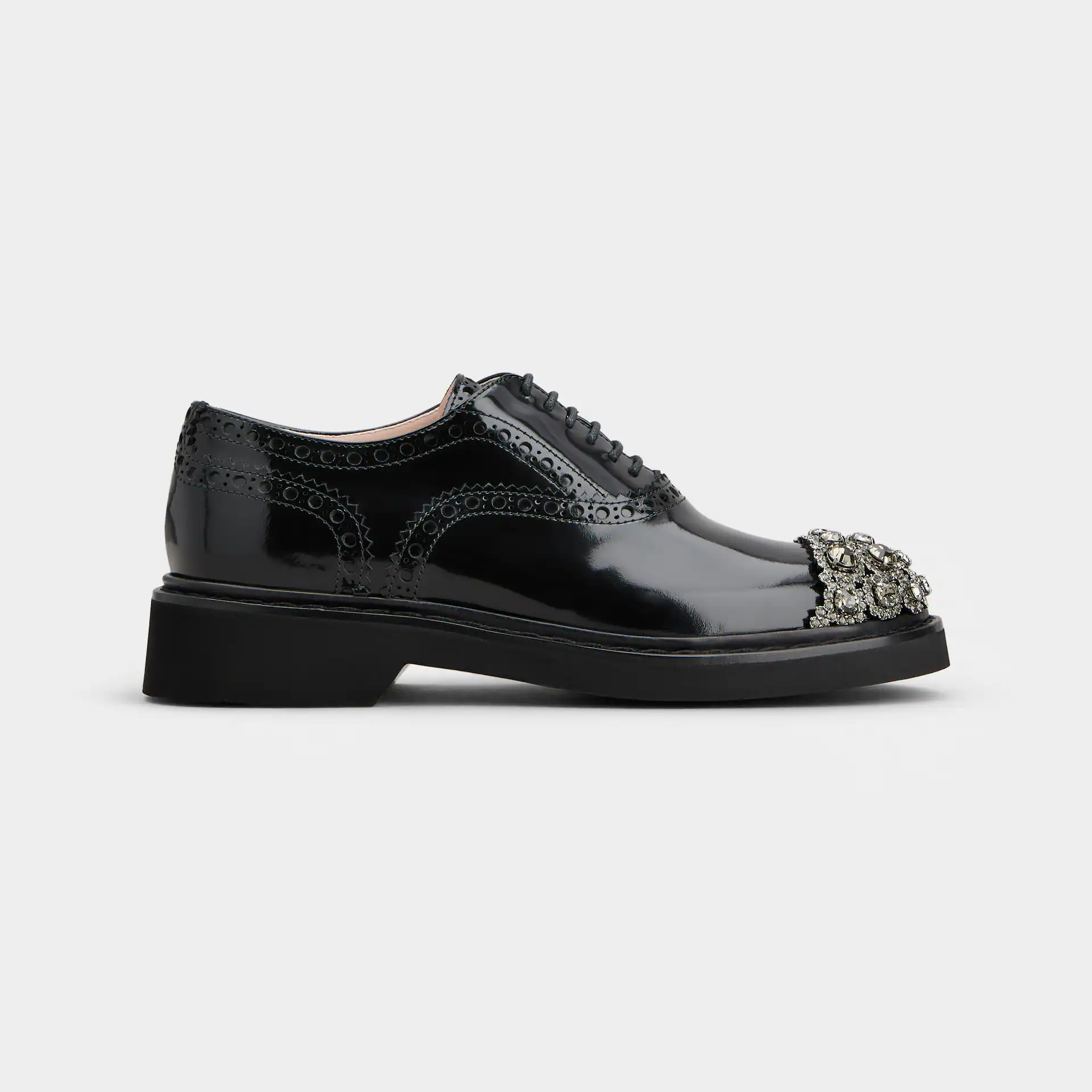 Roger Vivier Viv' Rangers Lace-Ups Loafers In Black Leather With Crystal Flowers