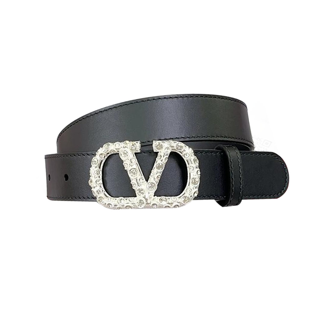 Valentino V Buckle With Crystal Belt In Black/Brown/Red/White Calfskin With Gold/Silver Hardware 30mm