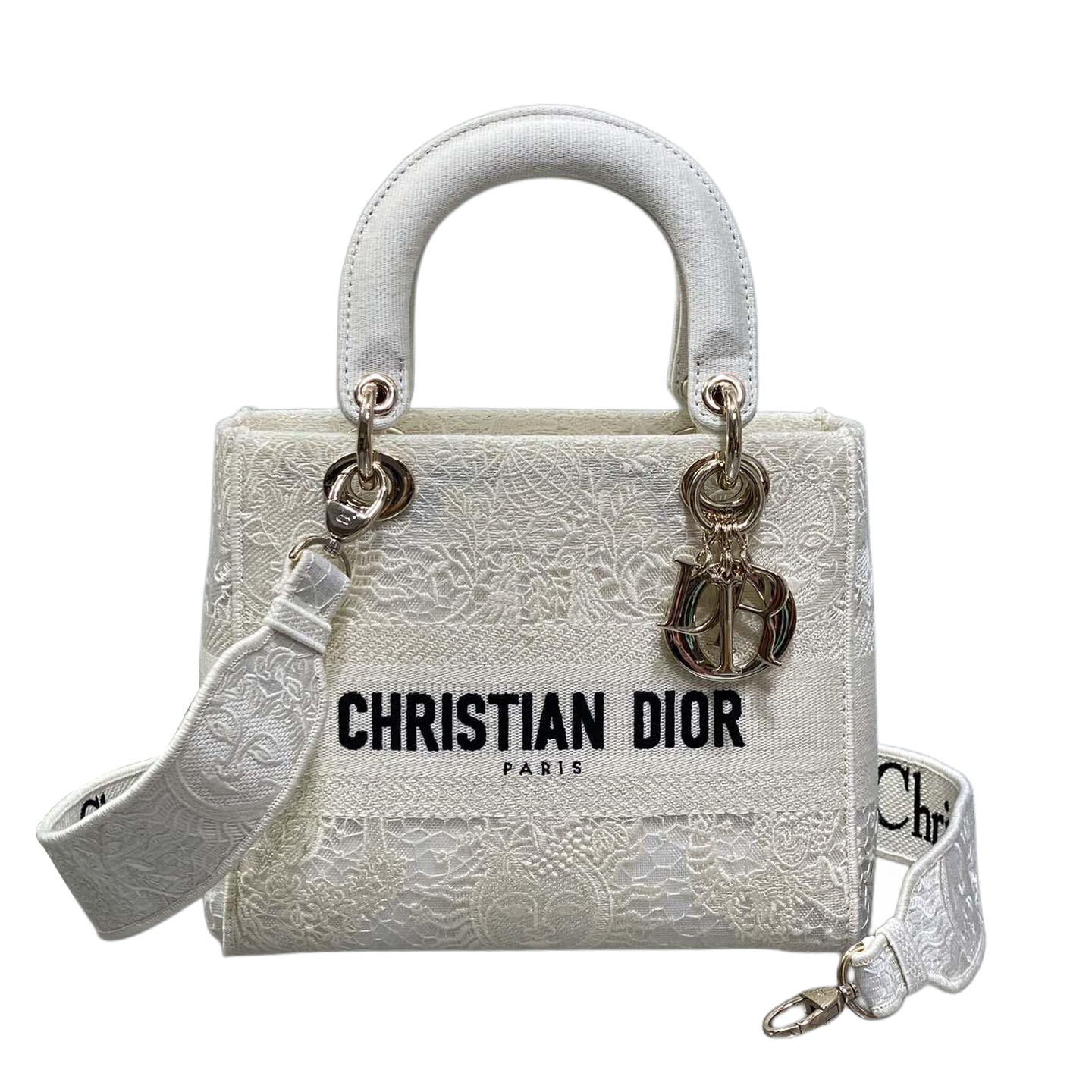 Dior Medium Lady D-Lite In White/Black Lace Embroidered Canvas Gold Hardware