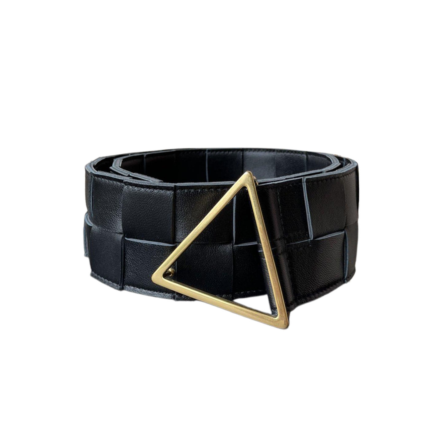 Bottega Veneta Women's Triangle Buckle Maxi Intrecciato Belt In Black/Coffee/Blue/White Calfskin With Gold/Silver Hardware 60mm