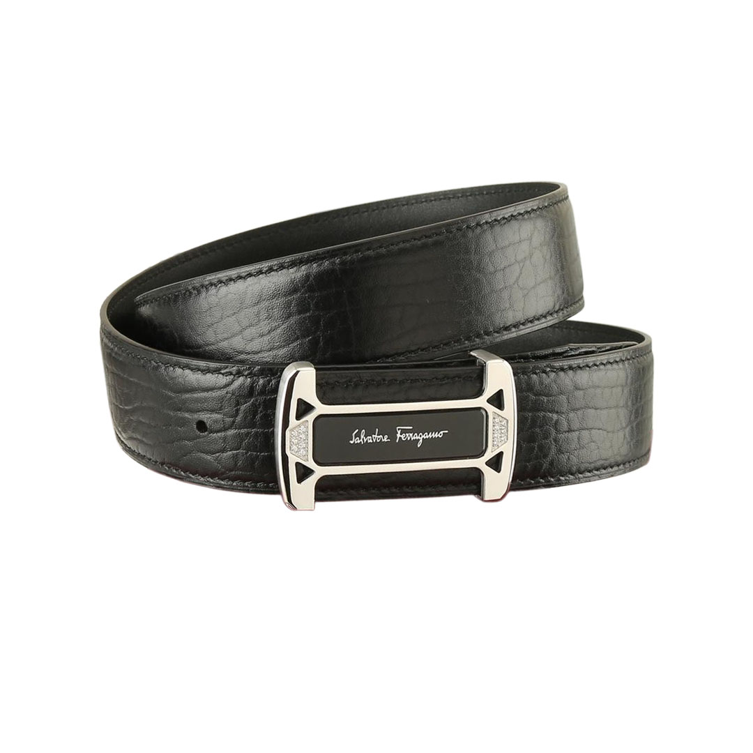 Ferragamo Men's Square Buckle With Crystal Belt In Black Calfskin With Gold/Silver Hardware 38mm
