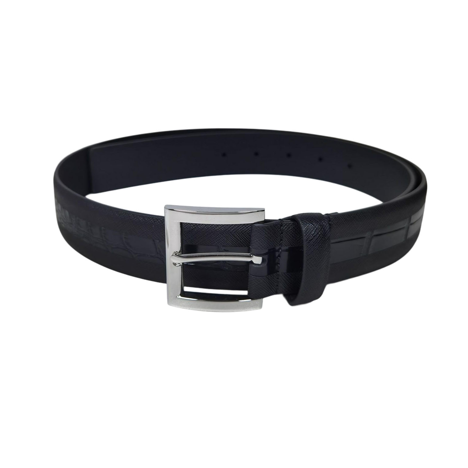 Prada Men' s Square Buckle Belt In Black Embossed Crocodile Calfskin With Silver/Black Hardware 35mm