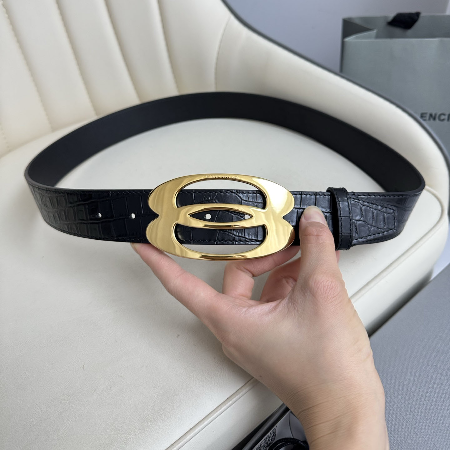 Balenciaga Men's Unity Belt In Black Embossed Crocodile Calfskin With Gold/Silver Hardware 35mm