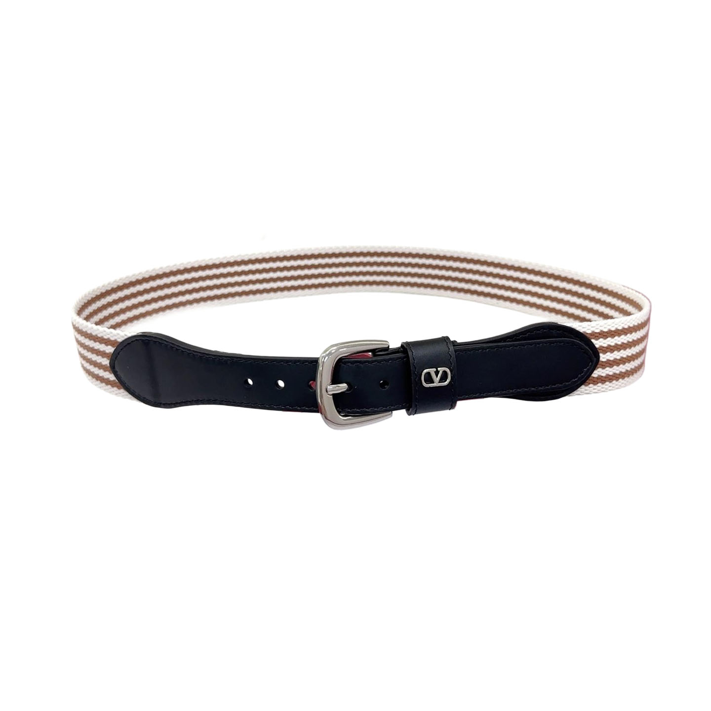 Valentino Square Buckle Belt In Black/Blue Calfskin And Brown/Blue Canvas With Gold/Silver Hardware 25mm