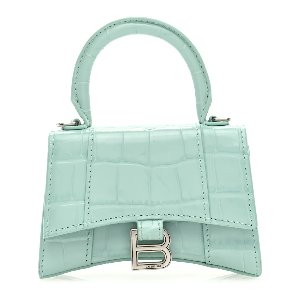 Balenciaga Hourglass Mini Top Handle Bag With Chain Green Acqua Crocodile Embossed Shiny Calfskin Leather