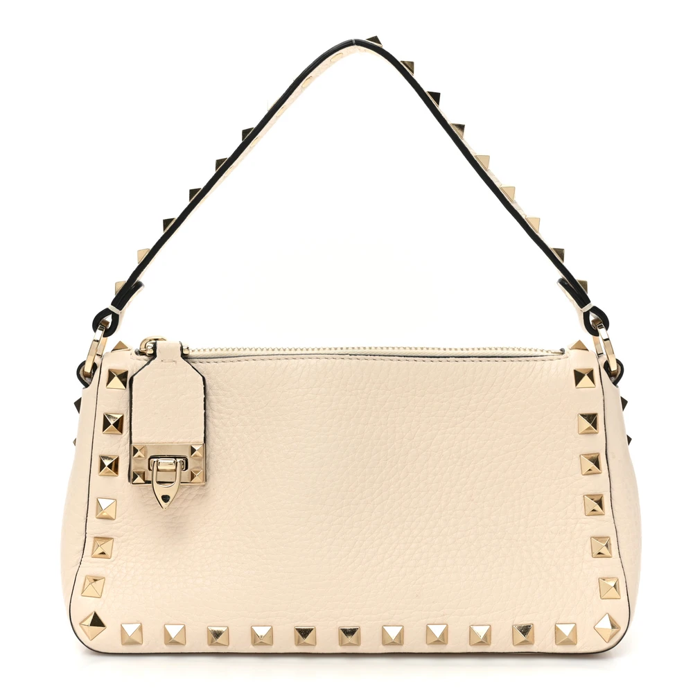 Valentino Garavani Small Rockstud Flip Lock Shoulder Bag Light Ivory Pebbled Calfskin Leather Light Gold Hardware