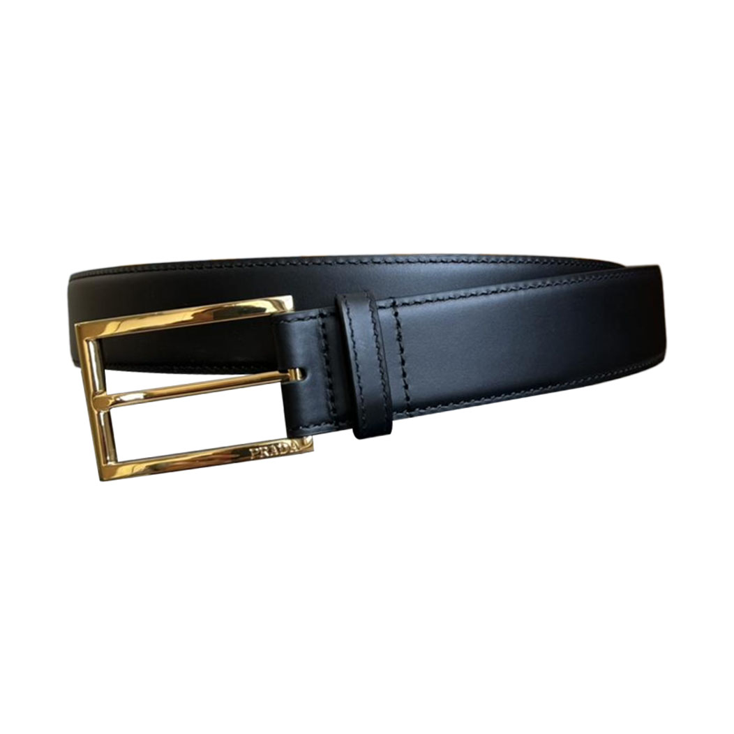 Prada Men' s Square Buckle Belt In Black Smooth Calfskin With Gold/Silver Hardware 35mm